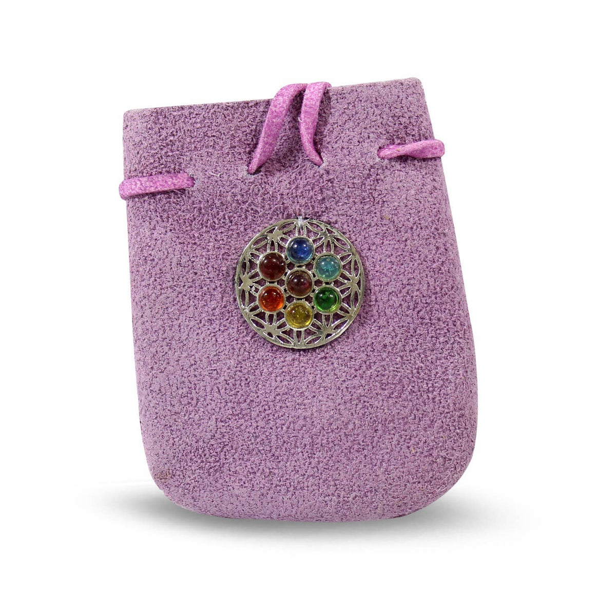 SUEDE BAG PURPLE-CHAKRA FLOWER OF LIFE  3.25" x 2.75"