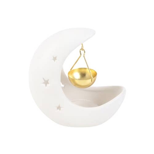 White Crescent Moon Oil Burner with Gold Dish
