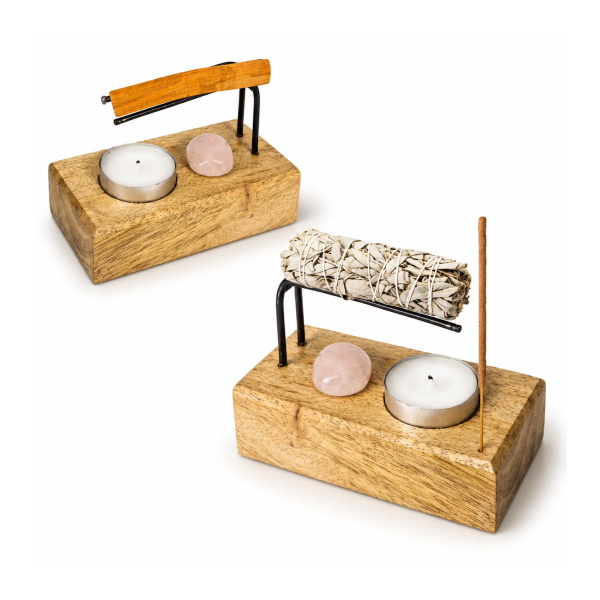 Mango Wood Palo Santo Holder Rose Quartz stone