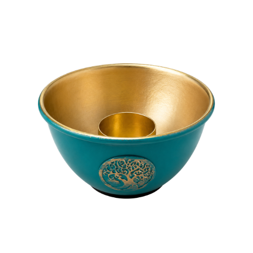 Metal Sage Burner Bowl Tree of Life Green & Gold