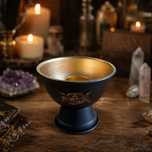 Metal Smudging Bowl (10x11cm) - Triple Moon & Star (Black)