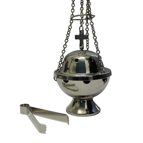 Incense Burner With Chain, Cup & Tong – Nickel Polish