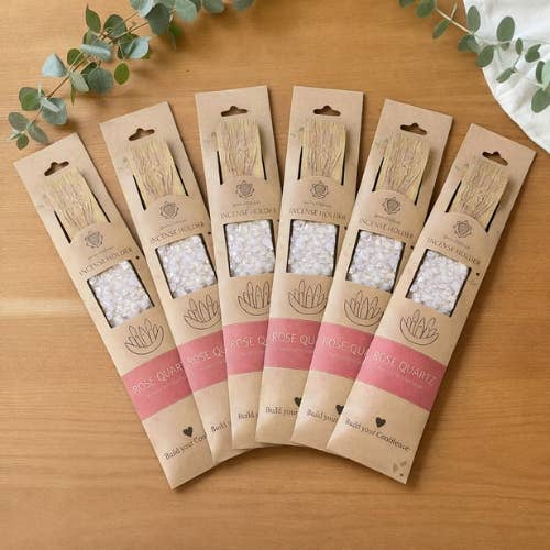 Mango Wood Rose Quartz Incense Holder with Natural chipstones (Set of 6)