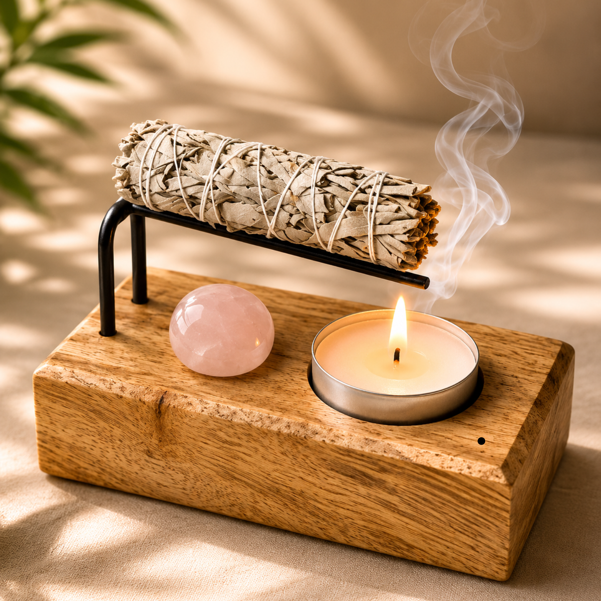 Mango Wood Palo Santo Holder Rose Quartz stone