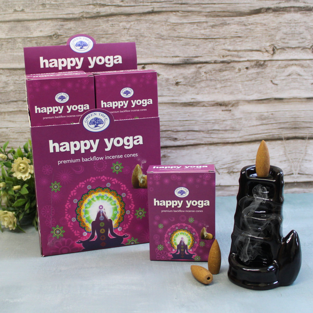 Green Tree Happy Yoga Backflow Incense Cones (pack of 12)