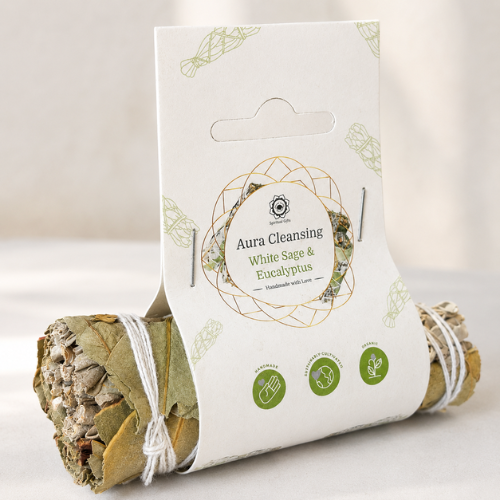 Mini Aura Cleansing White Sage & Eucalyptus 10cm with label