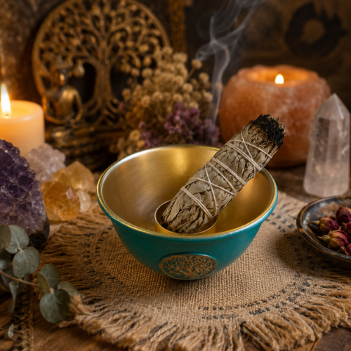 Metal Sage Burner Bowl Tree of Life Green & Gold