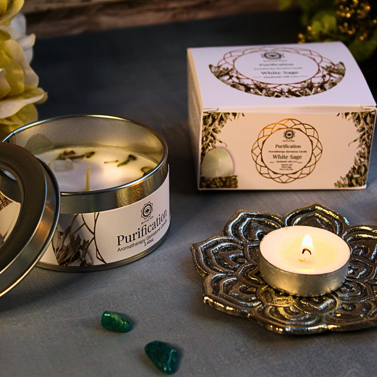 Green Tree Gemstone Candle Purification White Sage 70g