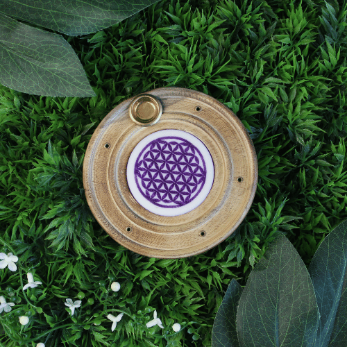 Wooden Incense Burner Purple Flower Of Life 10 cm