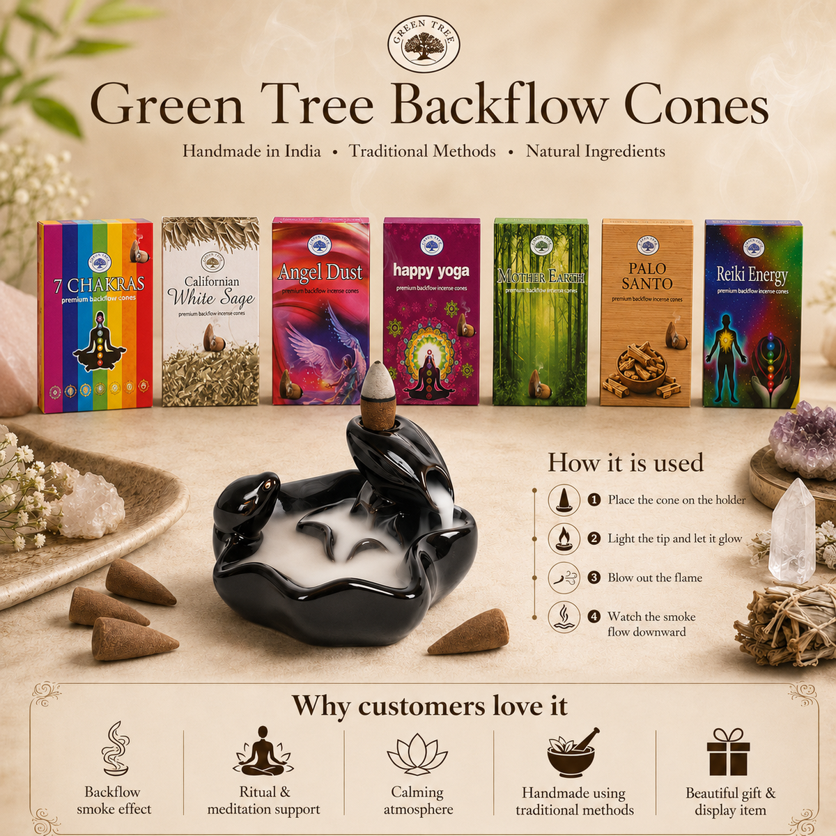 Green Tree Angel Dust Backflow Incense Cones (pack of 12)