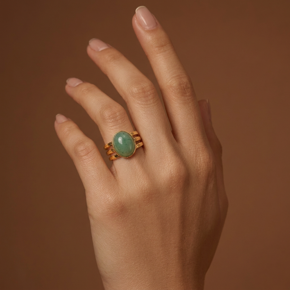 Bague trident en acier inoxydable, aventurine verte