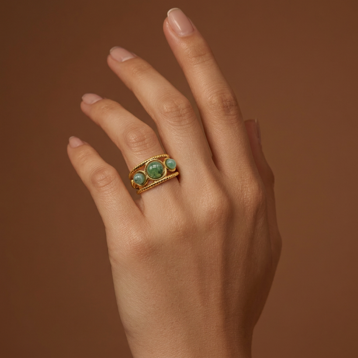 Anillo triple de acero inoxidable con aventurina verde