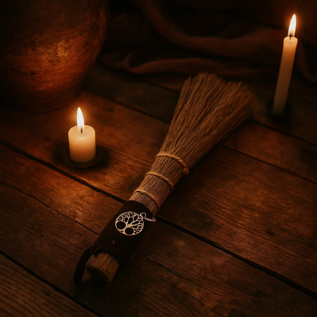 Broom With Metal Tree Of Life Symbol