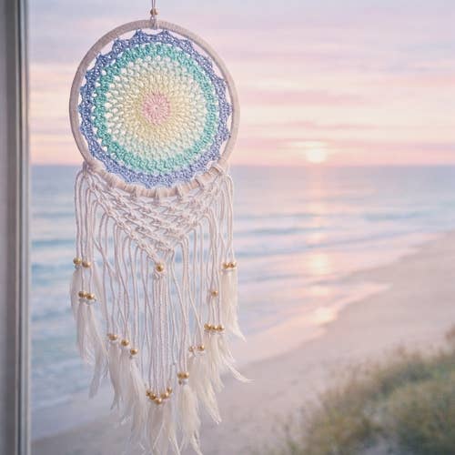 Colourful dreamcatcher with knitted piece, feathers & beads