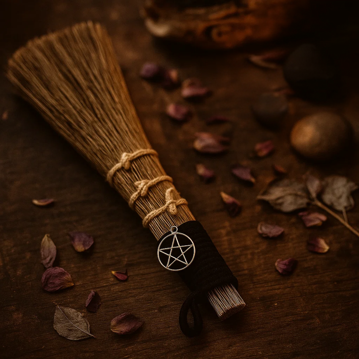 Broom with metal pentagram