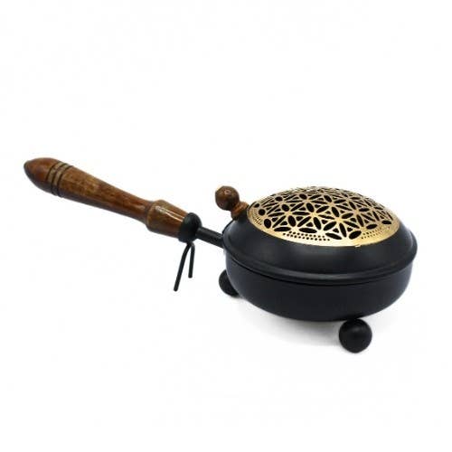Iron Incense Pan Flower of Life with Mango Wood Handle