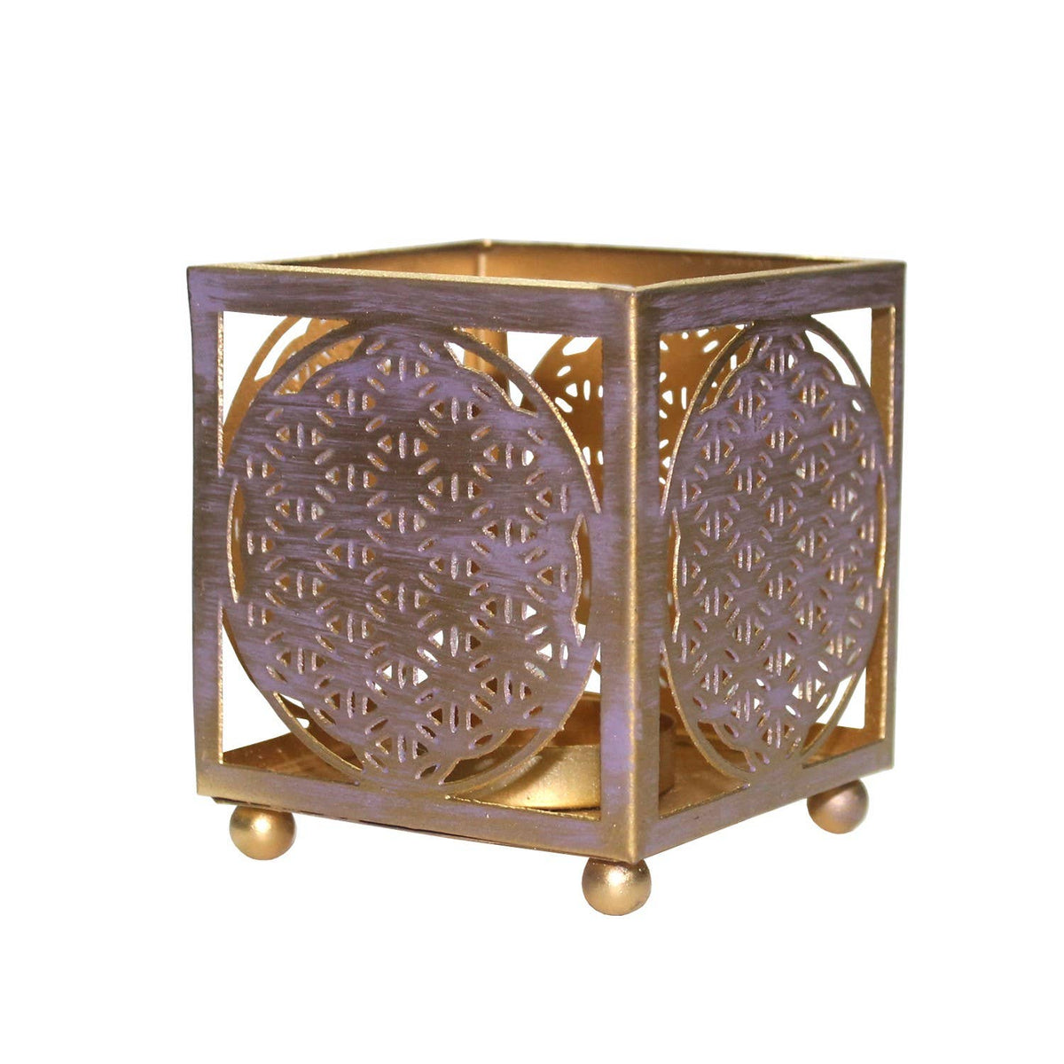 METAL T-LIGHT HOLDER GOLD & LILAC-FLOWER OF LIFE