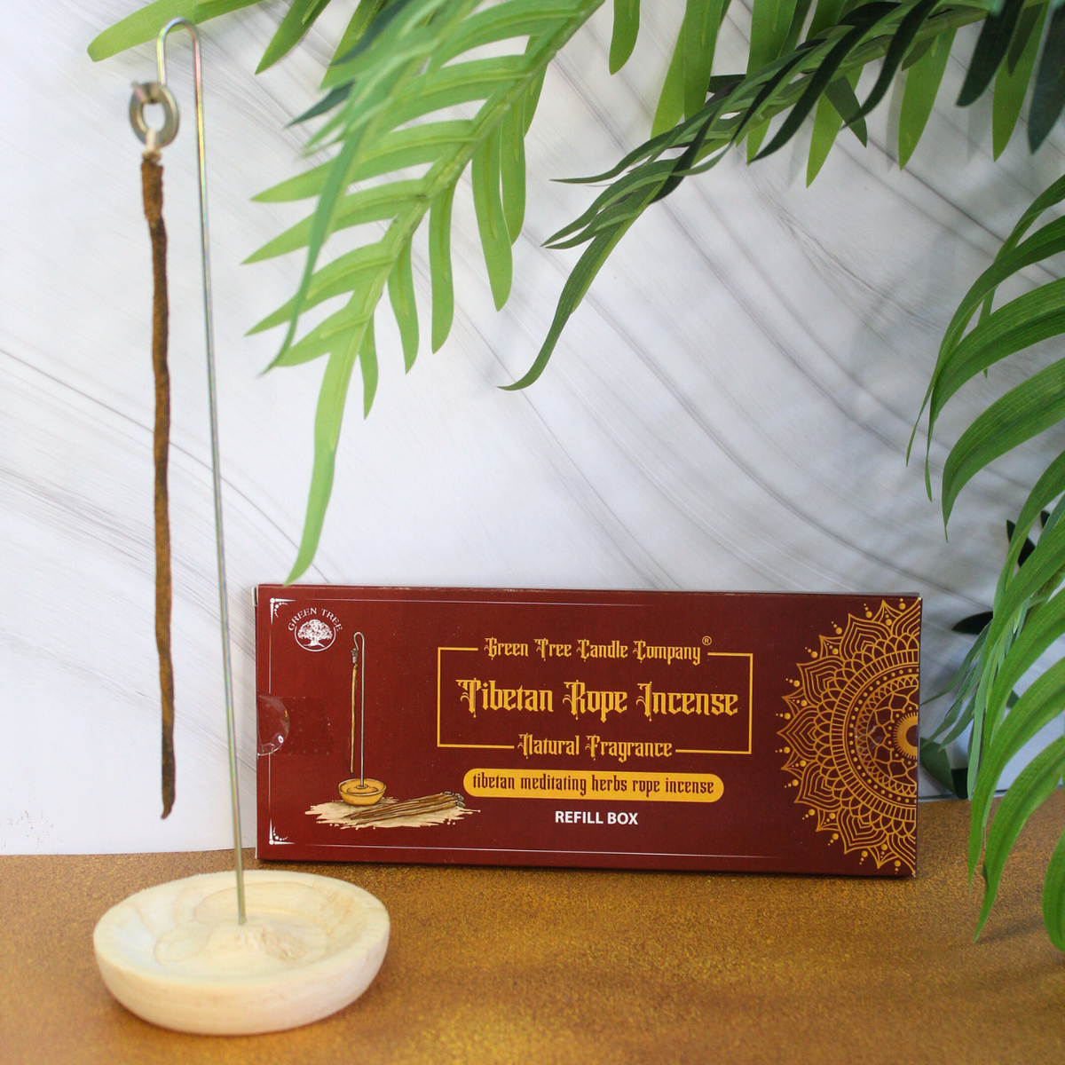 Green Tree Tibetan meditating herbs rope incense with holder