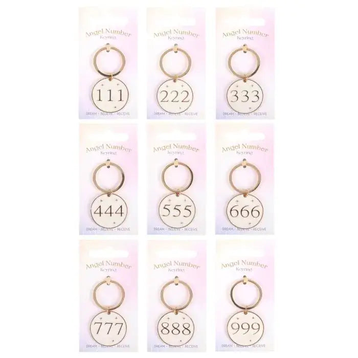 Set of 36 Angel Number Keyrings on Display