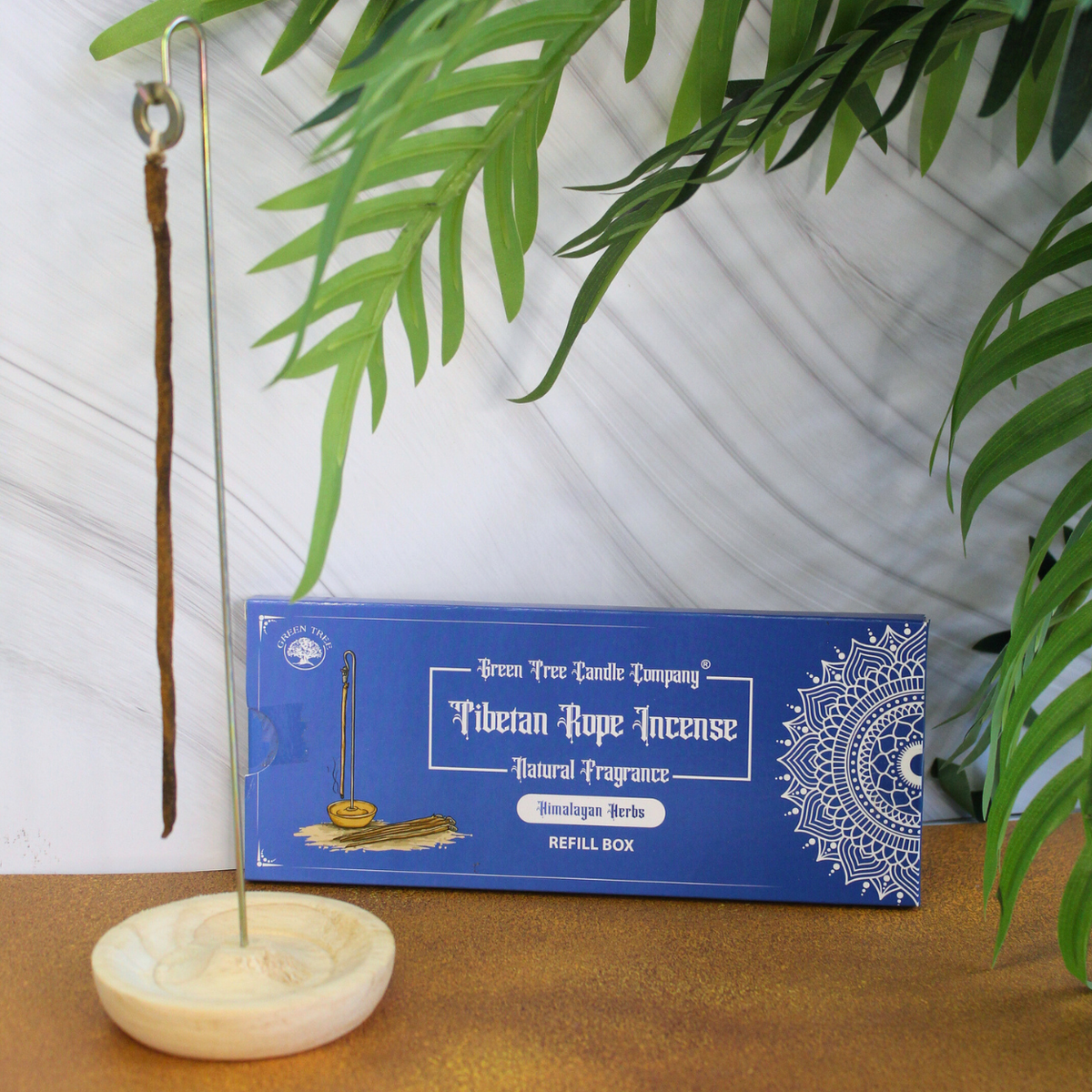 Green Tree Himalayan Herbs rope incense with holder