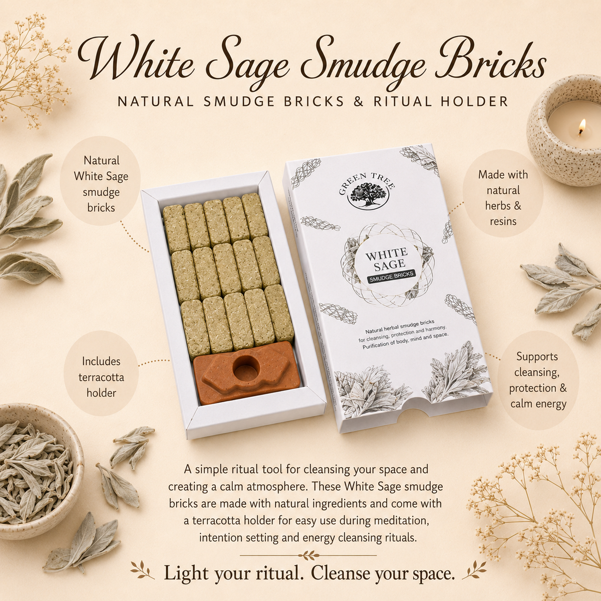 Green Tree White Sage Smudge Bricks (15 bricks with burner)