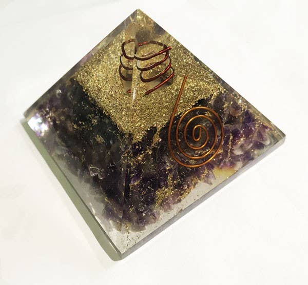 Orgonite Pyramid - Amethyst with spiral and reiki symbol