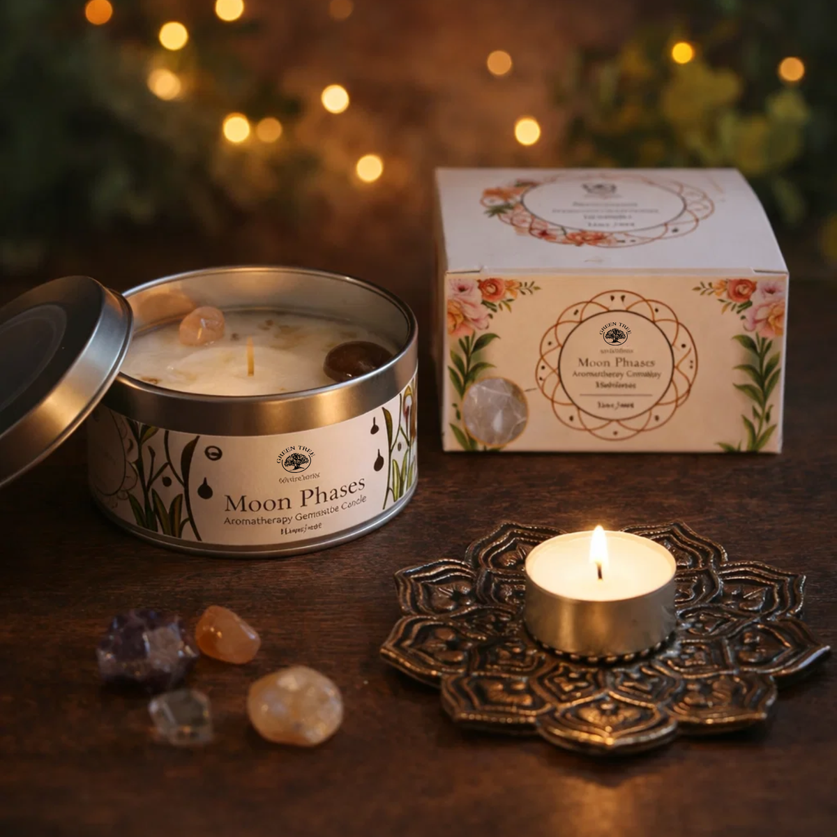 Green Tree Gemstone Candle Moon Phases Rosemary 70g
