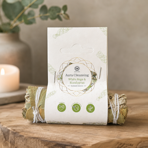 Mini Aura Cleansing White Sage & Eucalyptus 10cm with label