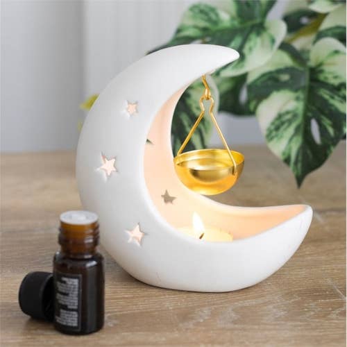 White Crescent Moon Oil Burner with Gold Dish