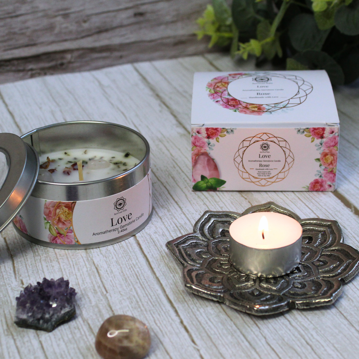 Green Tree Gemstone Candle Love Rose 70g