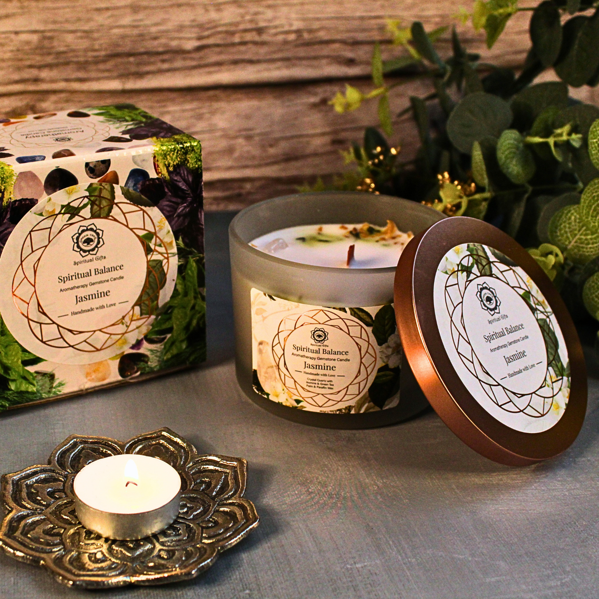Green Tree Gemstone Candle Spiritual Balance Jasmine 256g
