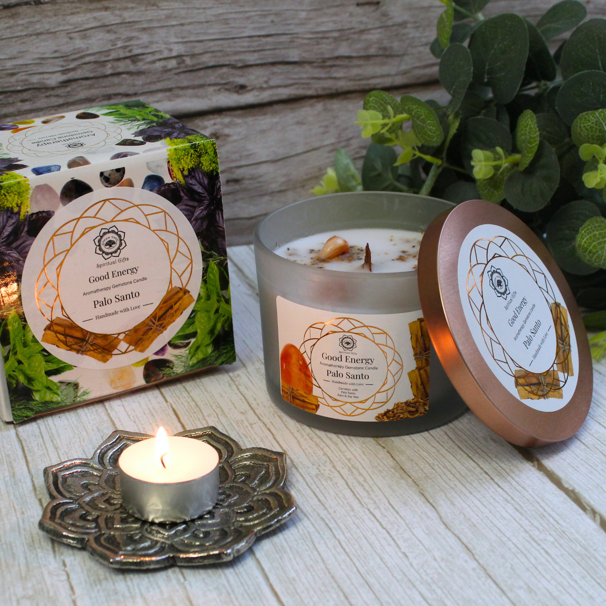 Green Tree Gemstone Candle Good Energy Palo Santo 256g