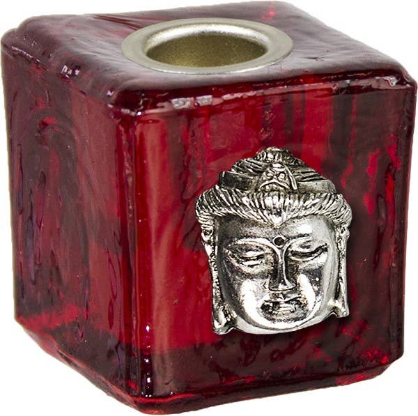 GLASS CUBE MINI CANDLE HOLDER-RED+BUDDHA