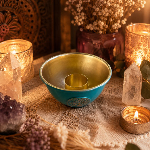 Metal Sage Burner Bowl Tree of Life Green & Gold