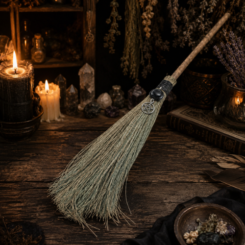 Decoration Altar Broom Pentagram & Black Tourmaline - 42 cm
