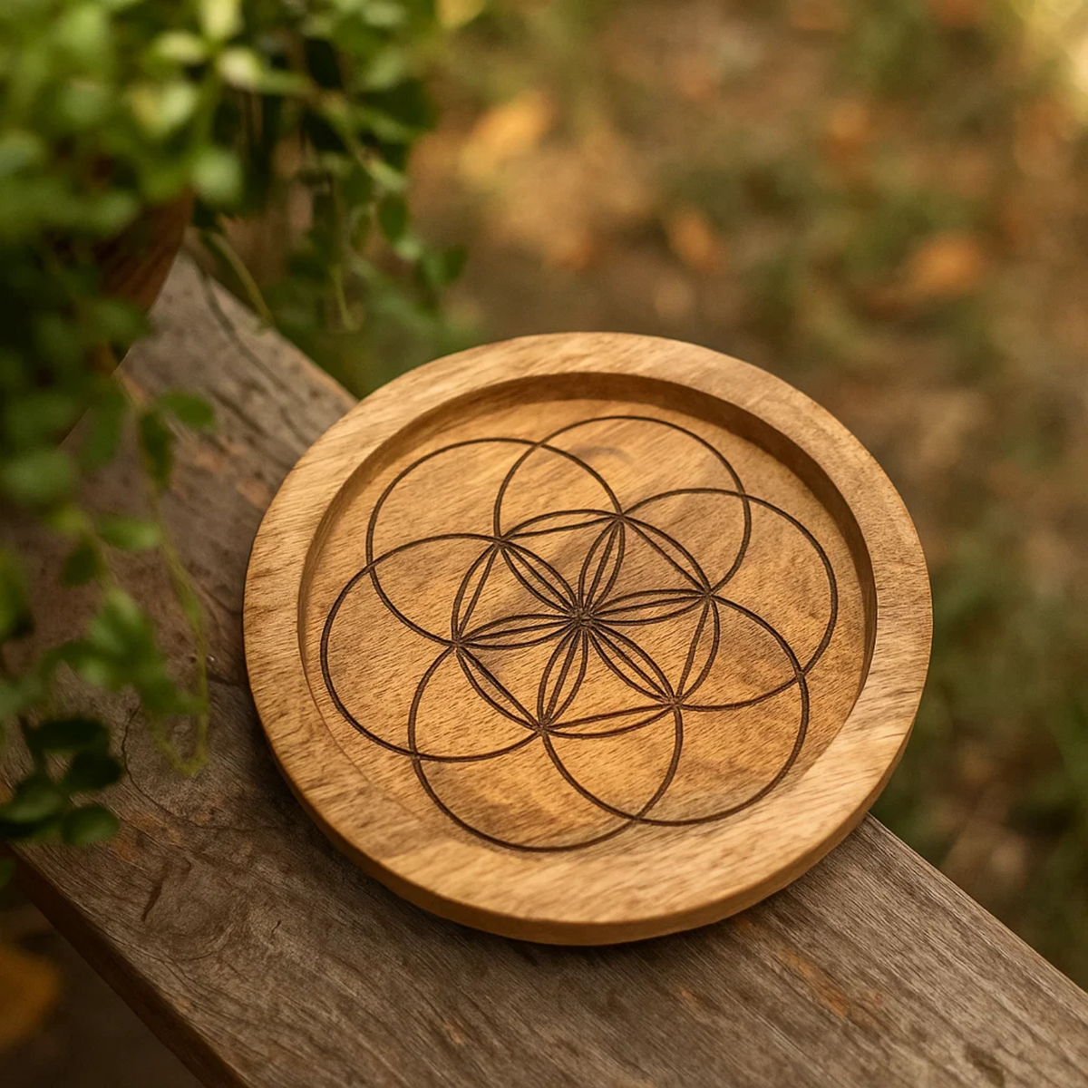 Mango Wood Crystal Grid Tray Seed of Life 15 cm