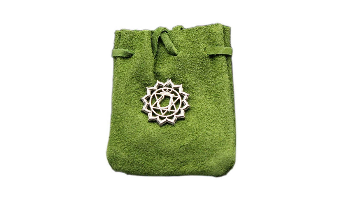 Suede Pouch - Green With Chakra Symbol 3.25X2.75"