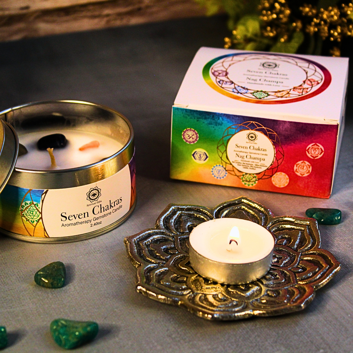 Green Tree Gemstone Candle Seven Chakras Nag Champa 70g