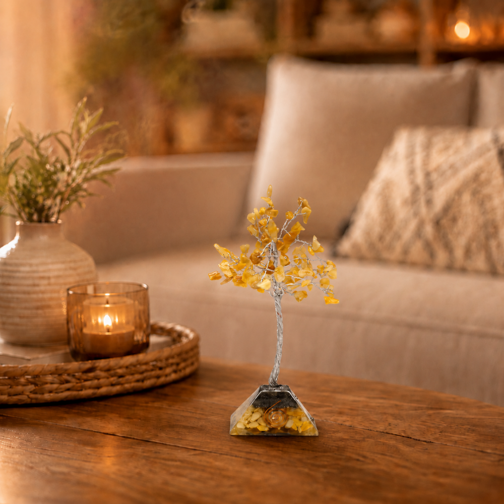 Árbol de gemas con base de pirámide de cuarzo Golden 100 cuentas