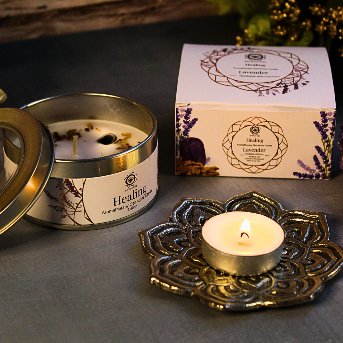 Green Tree Gemstone Candle Healing Lavender 70g