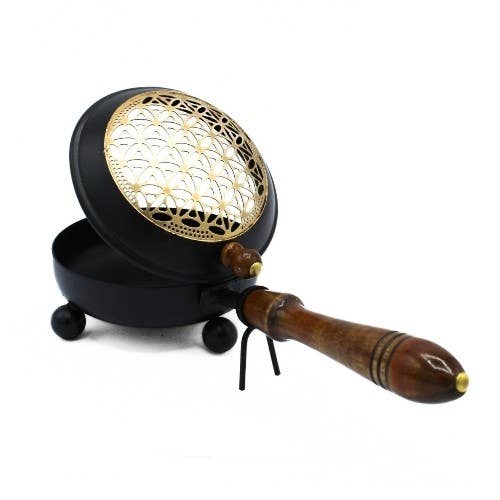 Iron Incense Pan Flower of Life with Mango Wood Handle