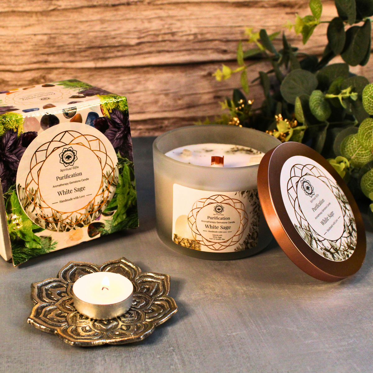 Green Tree Gemstone Candle Purification White Sage 256g