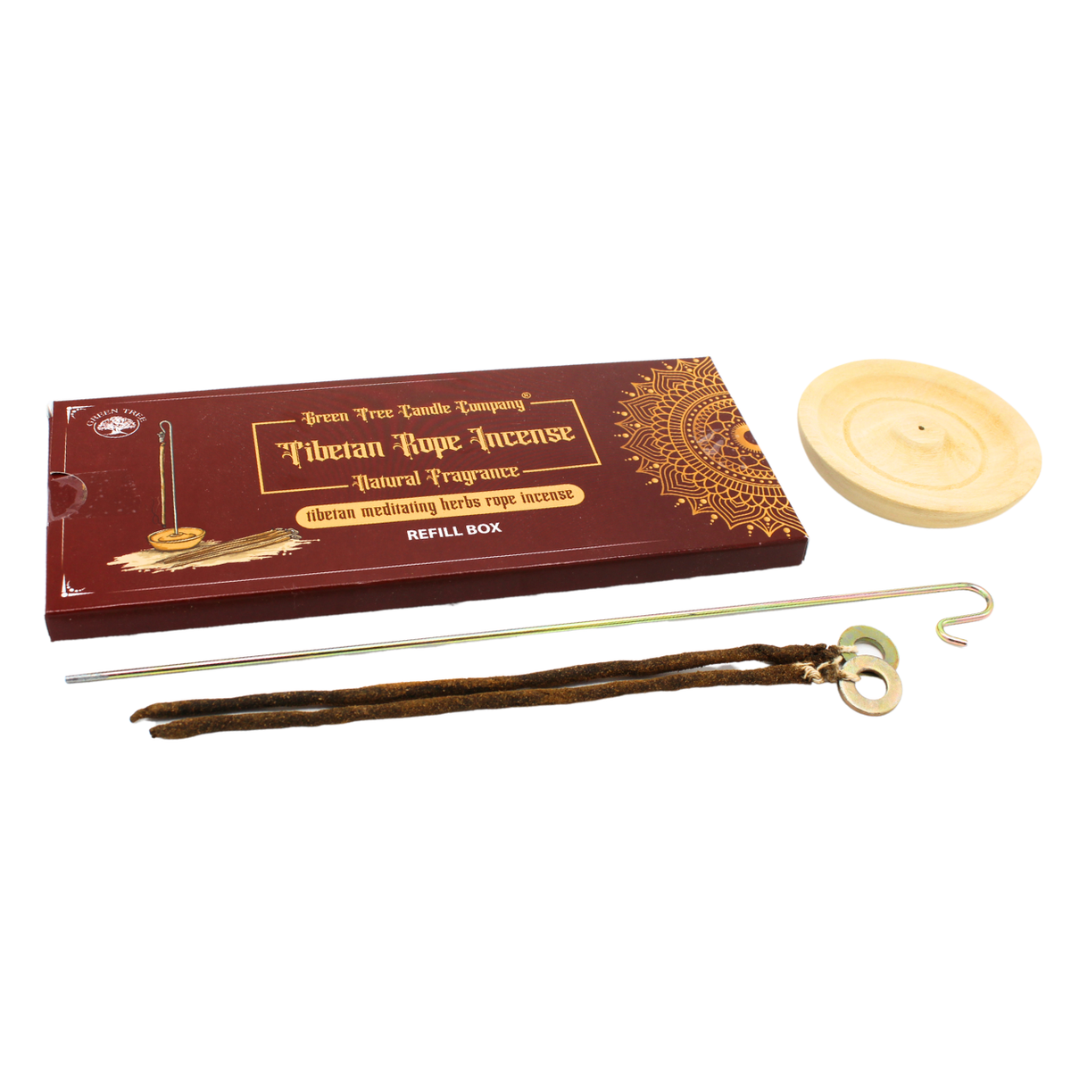 Green Tree Tibetan meditating herbs rope incense with holder