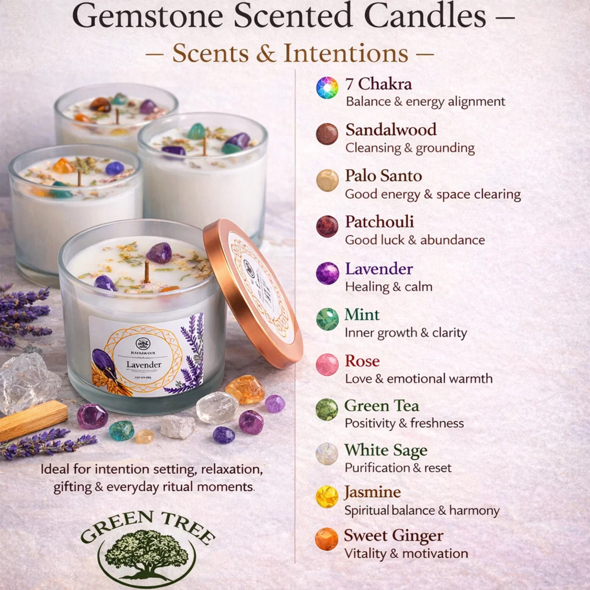 Green Tree Gemstone Candle Seven Chakras Nag Champa 70g