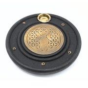 Mango Wood Incense Burner Brass Spiral&Flower of Life 10 cm
