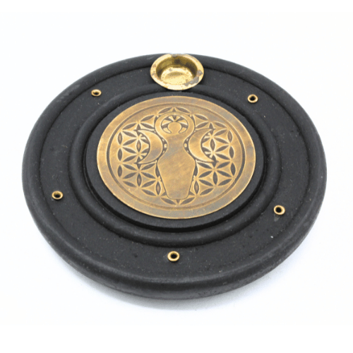 Mango Wood Incense Burner Brass Spiral&Flower of Life 10 cm
