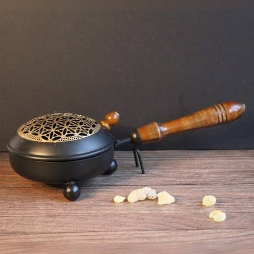 Iron Incense Pan Flower of Life with Mango Wood Handle