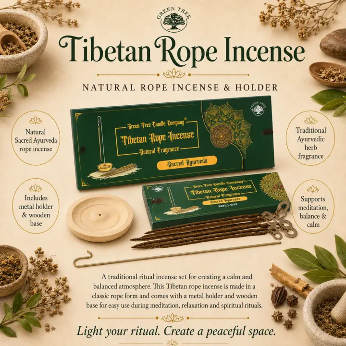 Green Tree Sacred Ayurveda rope incense with holder