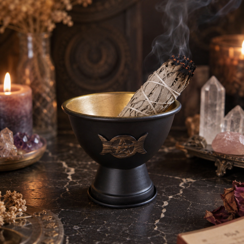 Metal Smudging Bowl (10x11cm) - Triple Moon & Star (Black)