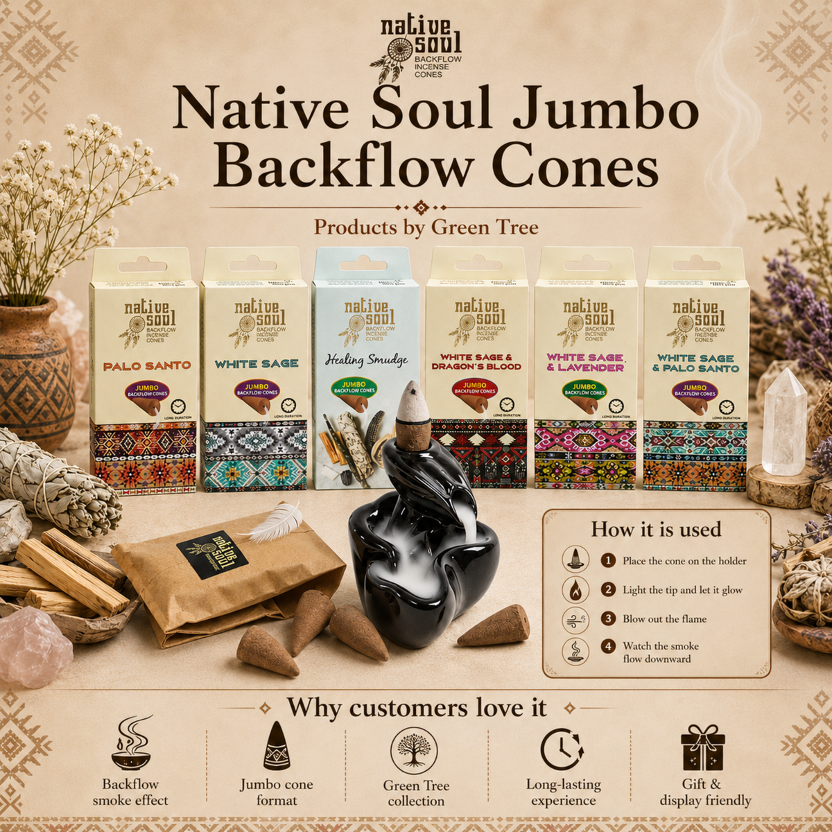 Native Soul Jumbo Backflow Cones Healing Smudge